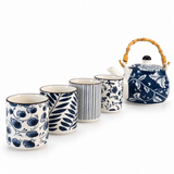 Service à thé bleu et blanc <br> théière et 4 tasses 460 ml