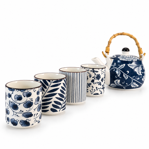 Service à thé bleu et blanc <br> théière et 4 tasses 460 ml