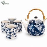 Service à thé bleu et blanc <br> théière et 4 tasses 460 ml