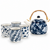 Service à thé bleu et blanc <br> théière et 4 tasses 460 ml