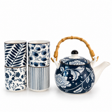 Service à thé bleu et blanc <br> théière et 4 tasses 460 ml