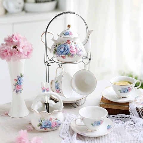 Théière Élégante En Verre Et Porcelaine Anglaise Avec Réchaud Et Infuseur - Motif Papillons Rose - YBK Tech 500ml
